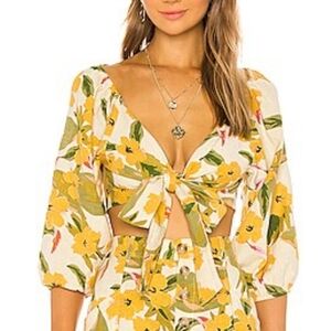 L*Space Penelope Top Ibiza Floral Tie Front Linen Blend Beach Swim Cover sz XS‎
